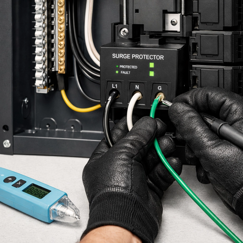 Licensed electrician wiring surge protection device in electrical panel