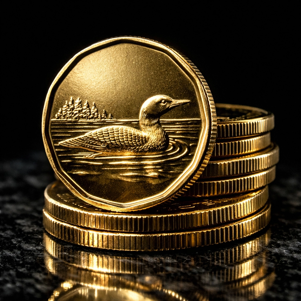 A stack of Canadian one-dollar coins on a dark surface, highlighting the loonie’s value amidst inflation.