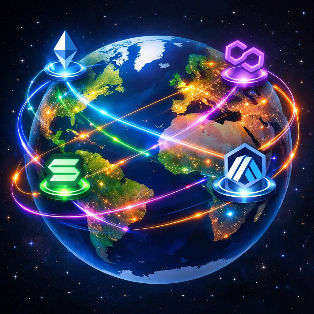 Multi-chain global payment network connecting Ethereum, Polygon, Arbitrum, and Solana blockchains