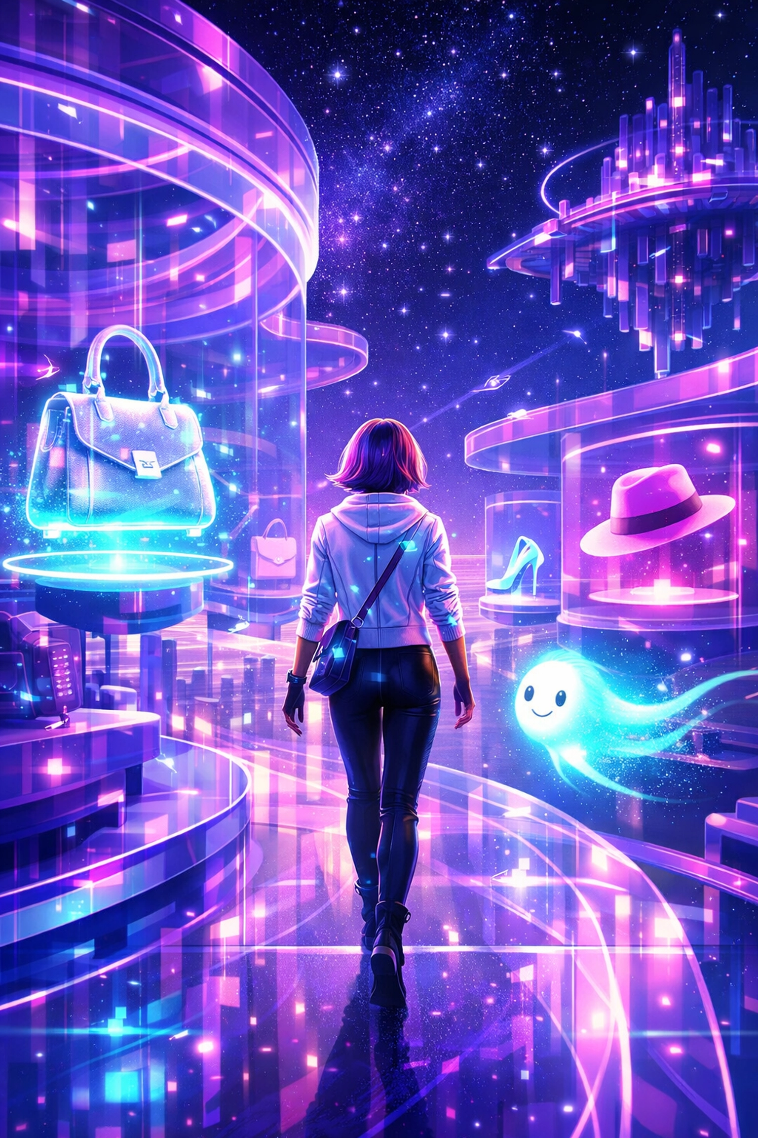 Avatar shopping in a futuristic metaverse boutique with an AI assistant and digital fashion products.