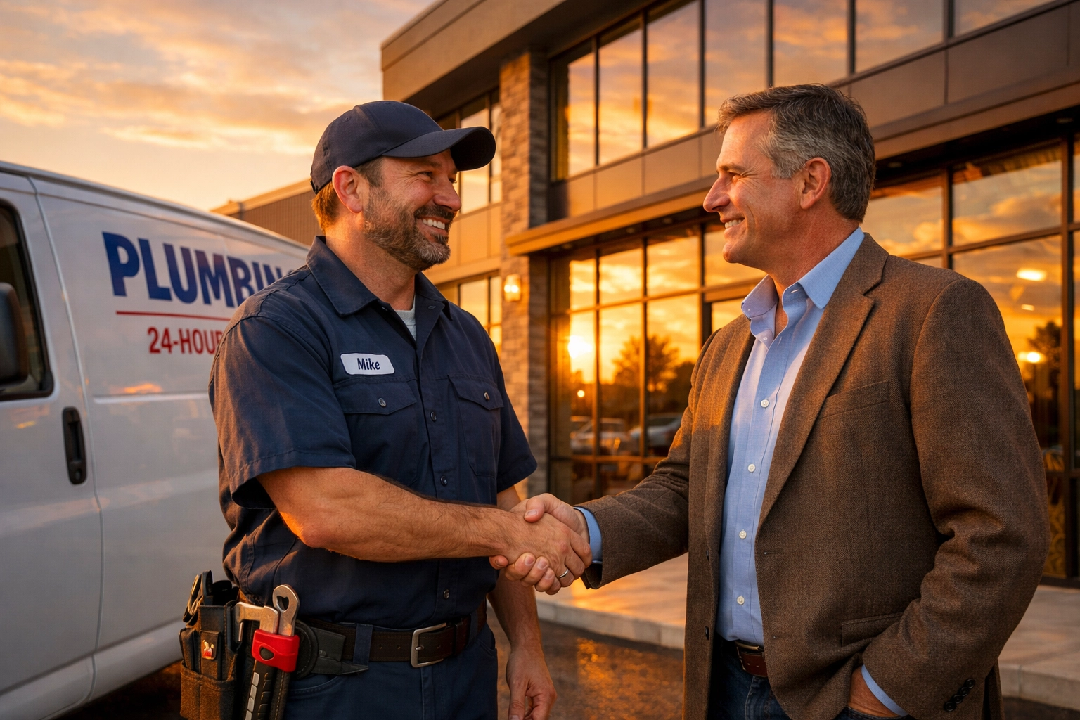 A friendly plumber shaking hands with a business owner outside a commercial facility after a service call.
