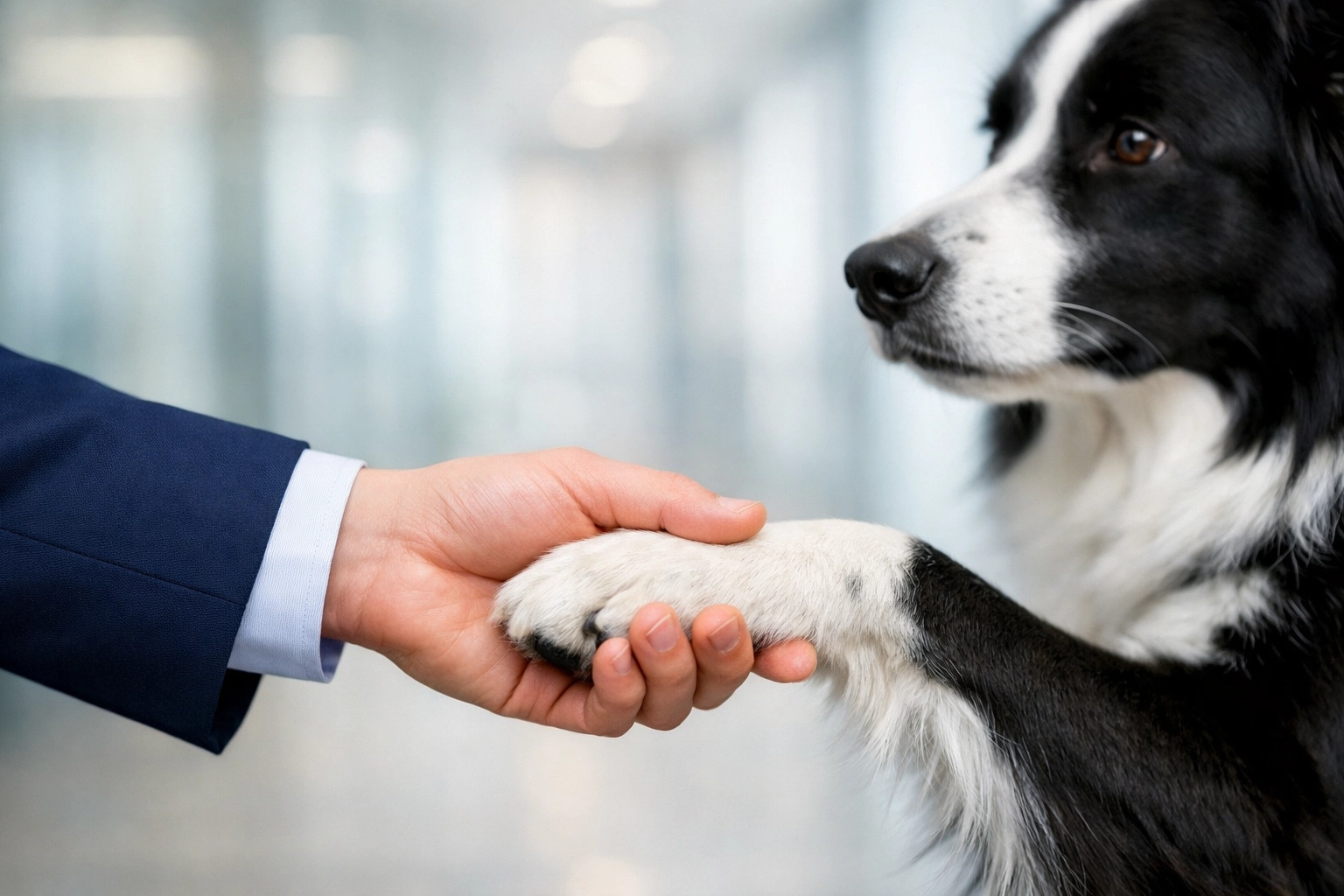Close-up of a professional holding a dog’s paw symbolizing corporate pet care provider partnerships.