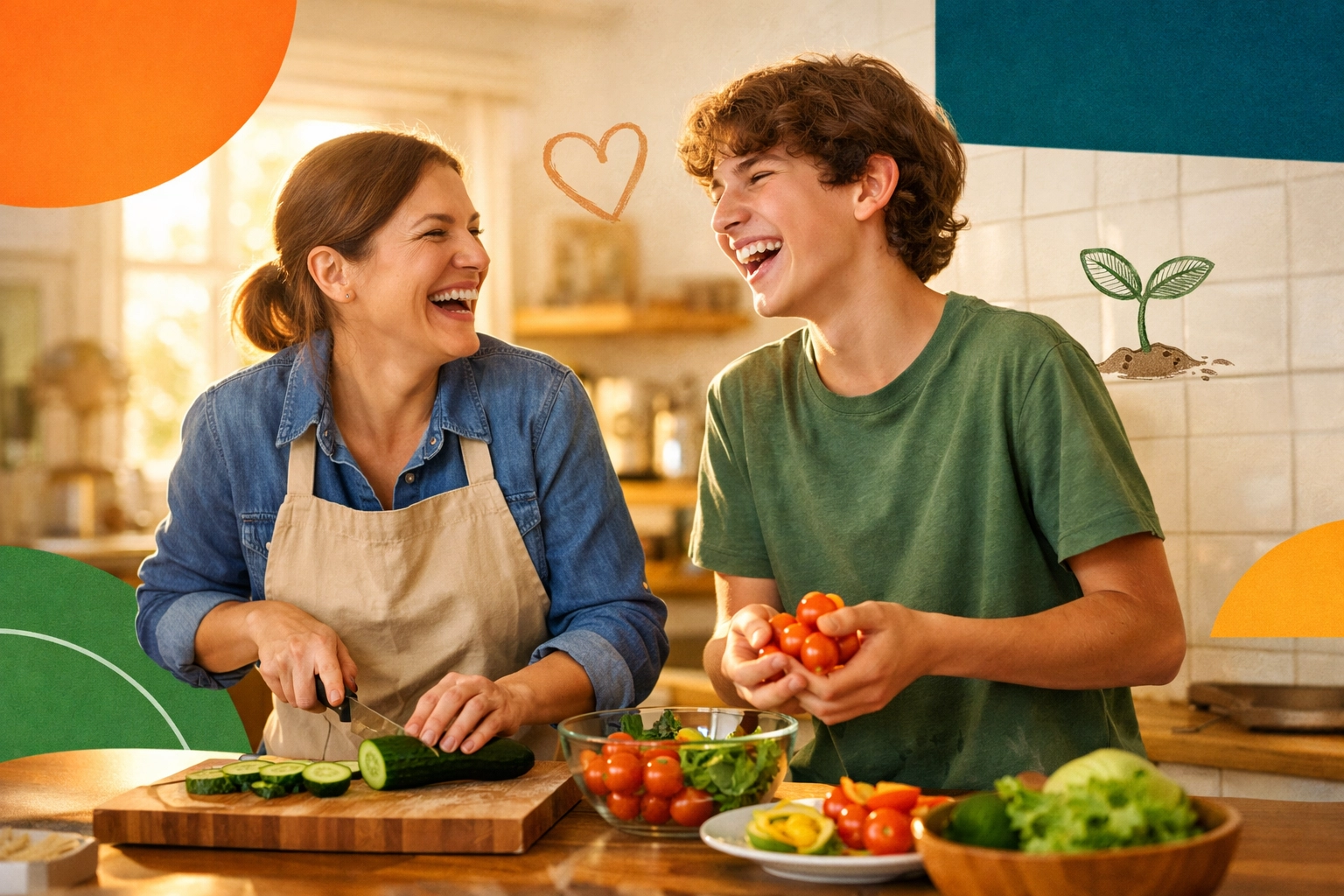 Parent and teenager collaborating in the kitchen while learning life skills and building character together.