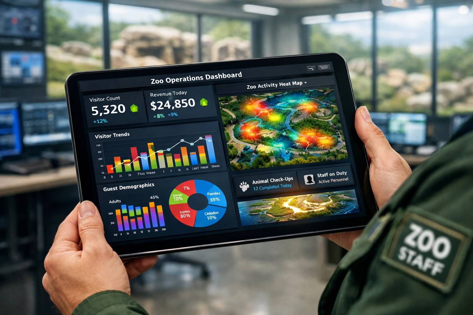 A zoo administrator using a tablet to monitor real-time data analytics and visitor engagement metrics.