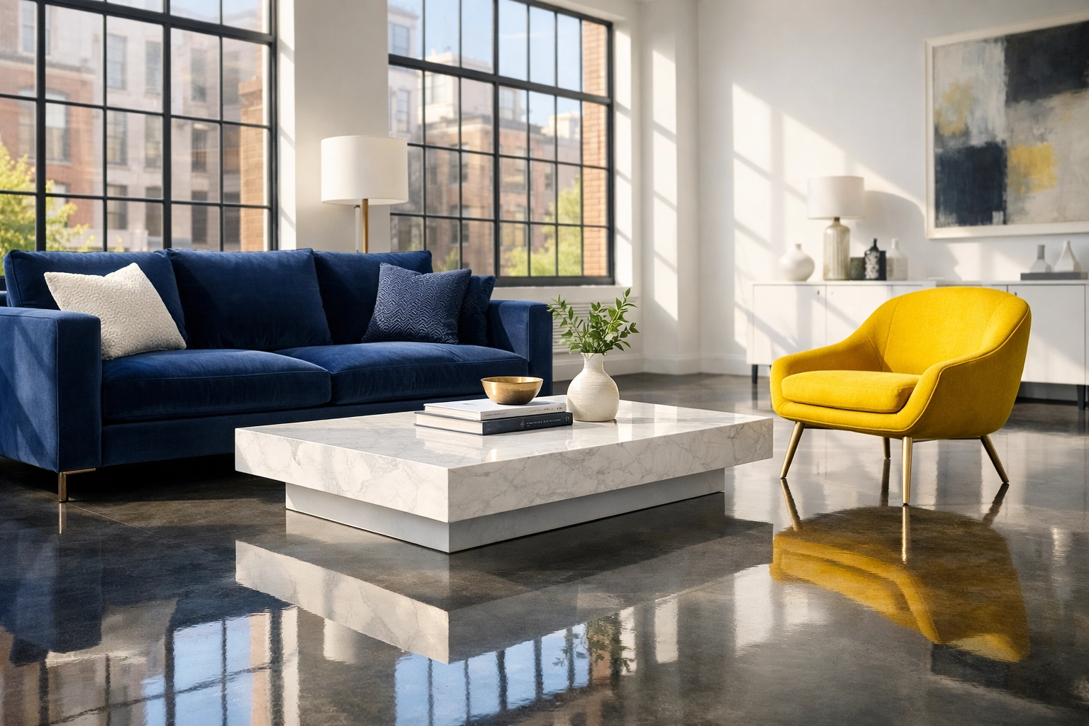 Pristine luxury furniture showroom in Chelsea with a polished floor and dust-free display furniture.