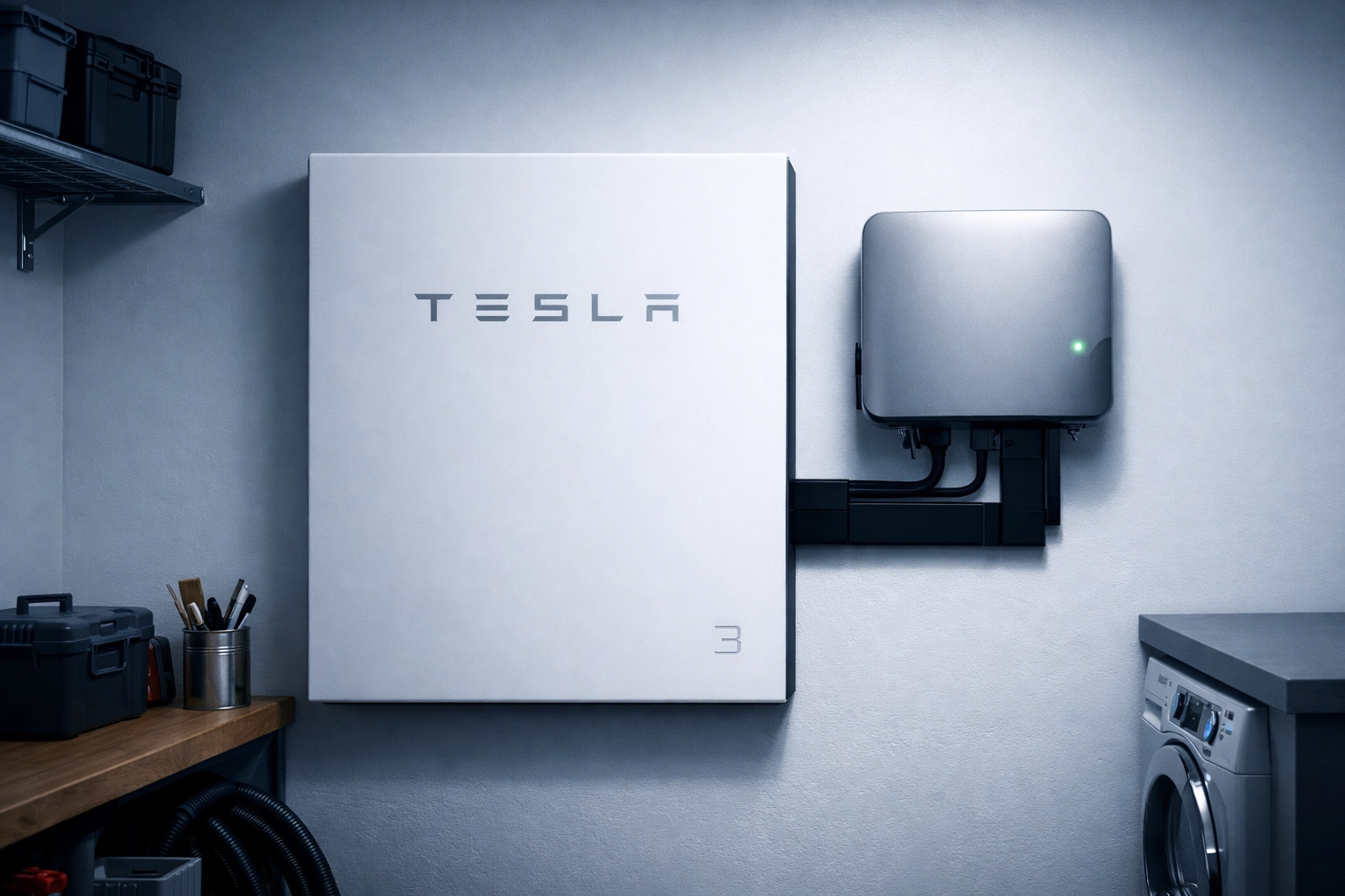 Tesla Powerwall 3 battery and sleek solar inverter installed in a minimalist UK utility room.
