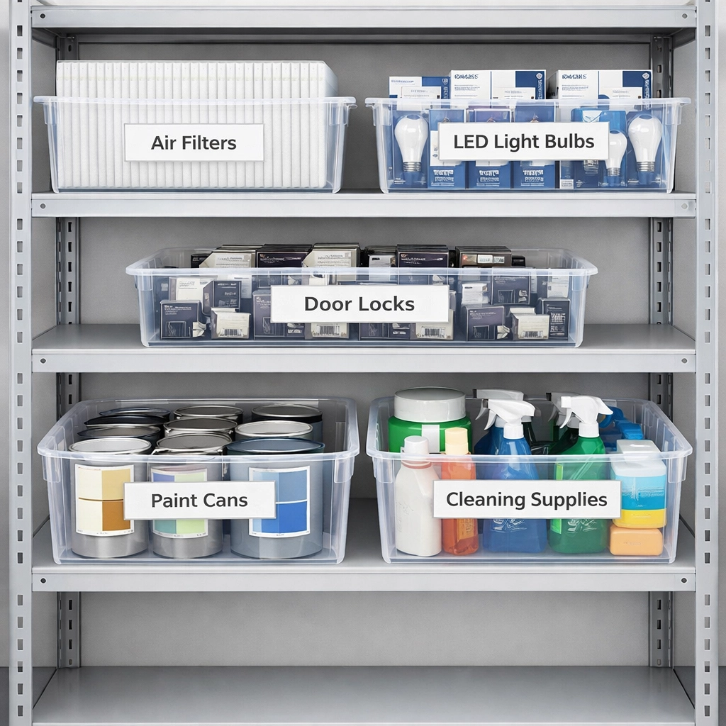 Organized turnover supply kit with filters, locks, and cleaning materials on shelves