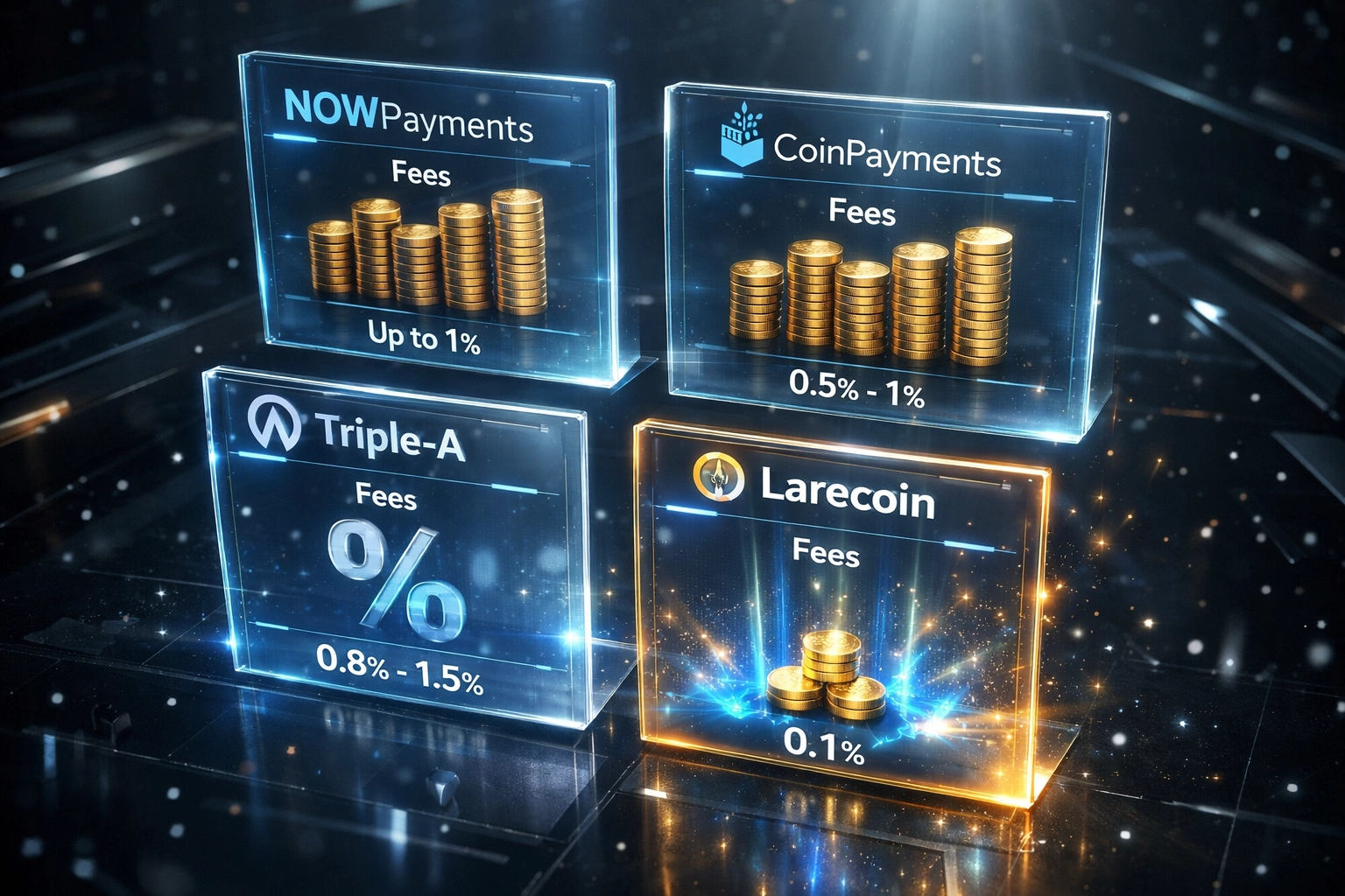Crypto payment processor fee comparison showing Larecoin's lower costs vs NOWPayments and CoinPayments