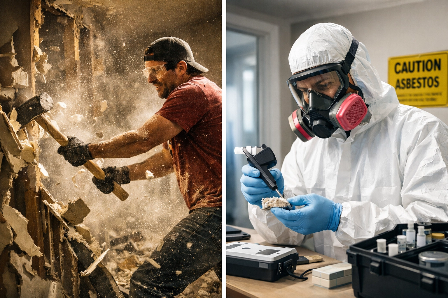 Professional asbestos testing vs DIY renovation showing proper safety equipment and procedures