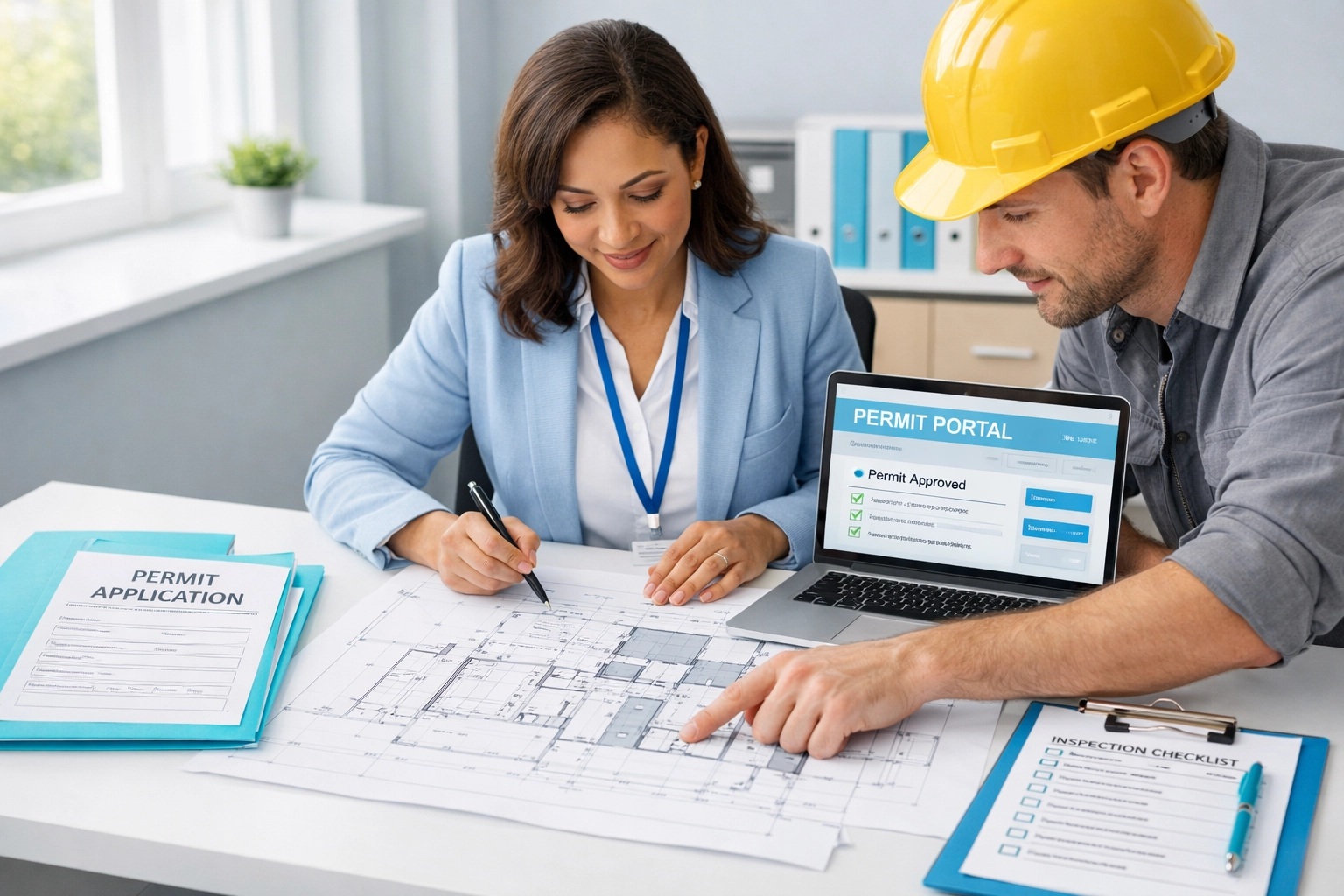 Building inspector reviewing Florida permit application and blueprints with contractor