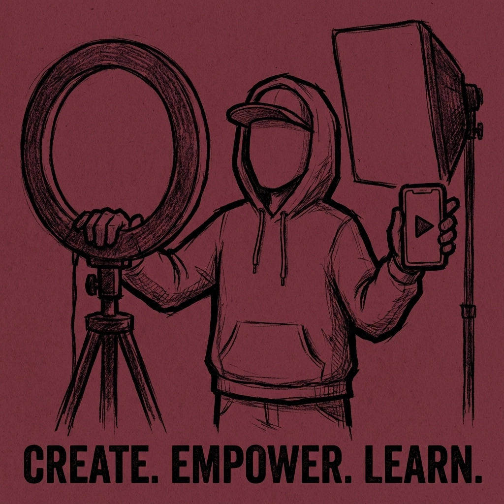 Sketch of a confident creator using studio lighting and smartphone, symbolizing learning and empowerment for creators.