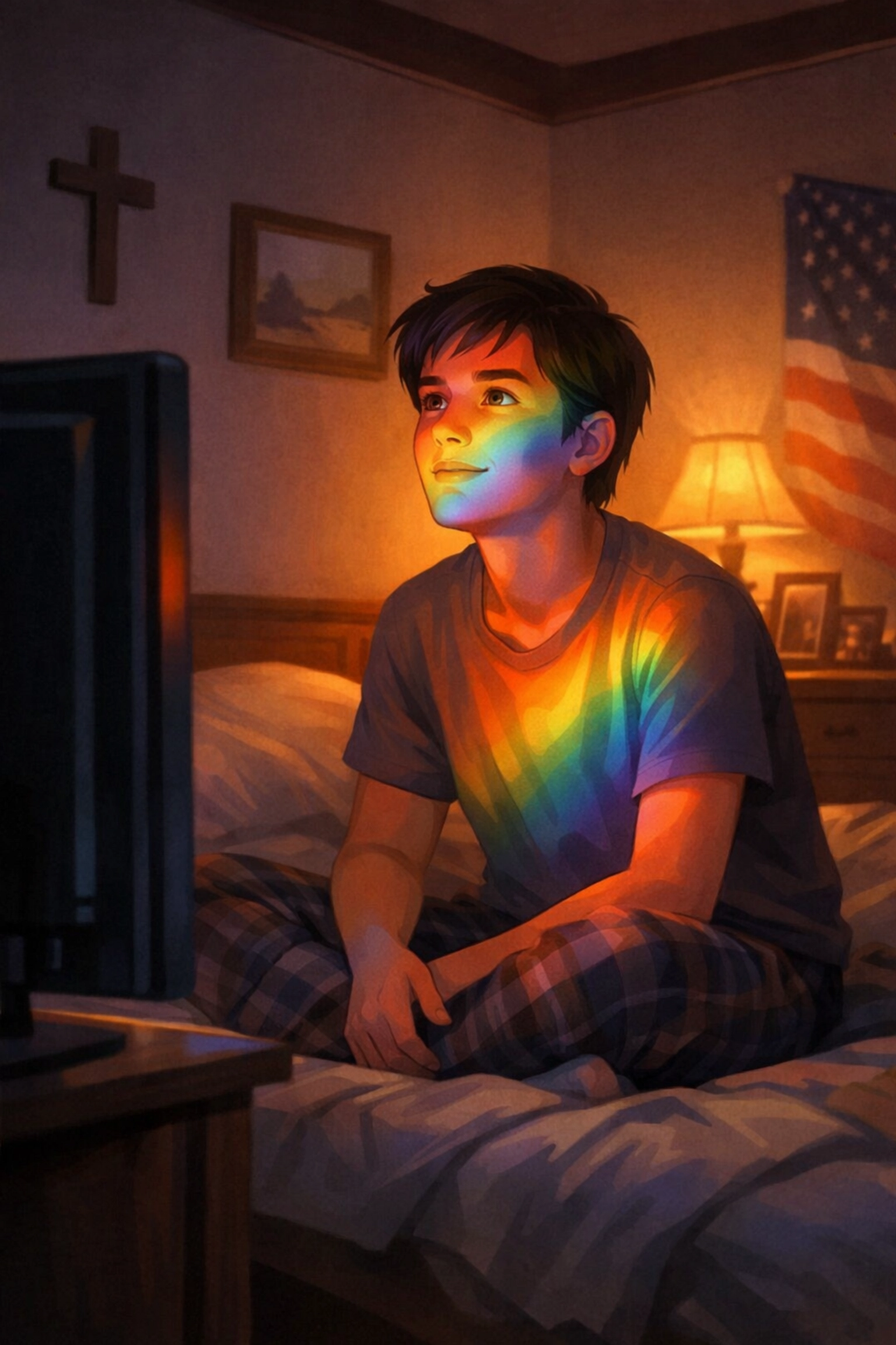 LGBTQ+ youth watching Eurovision performance on TV, experiencing representation and hope