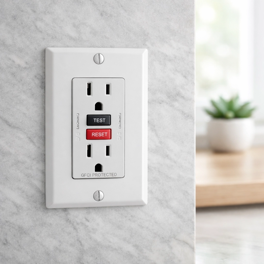 Modern GFCI outlet installed on a kitchen backsplash for electrical safety in Rockland, Maine.