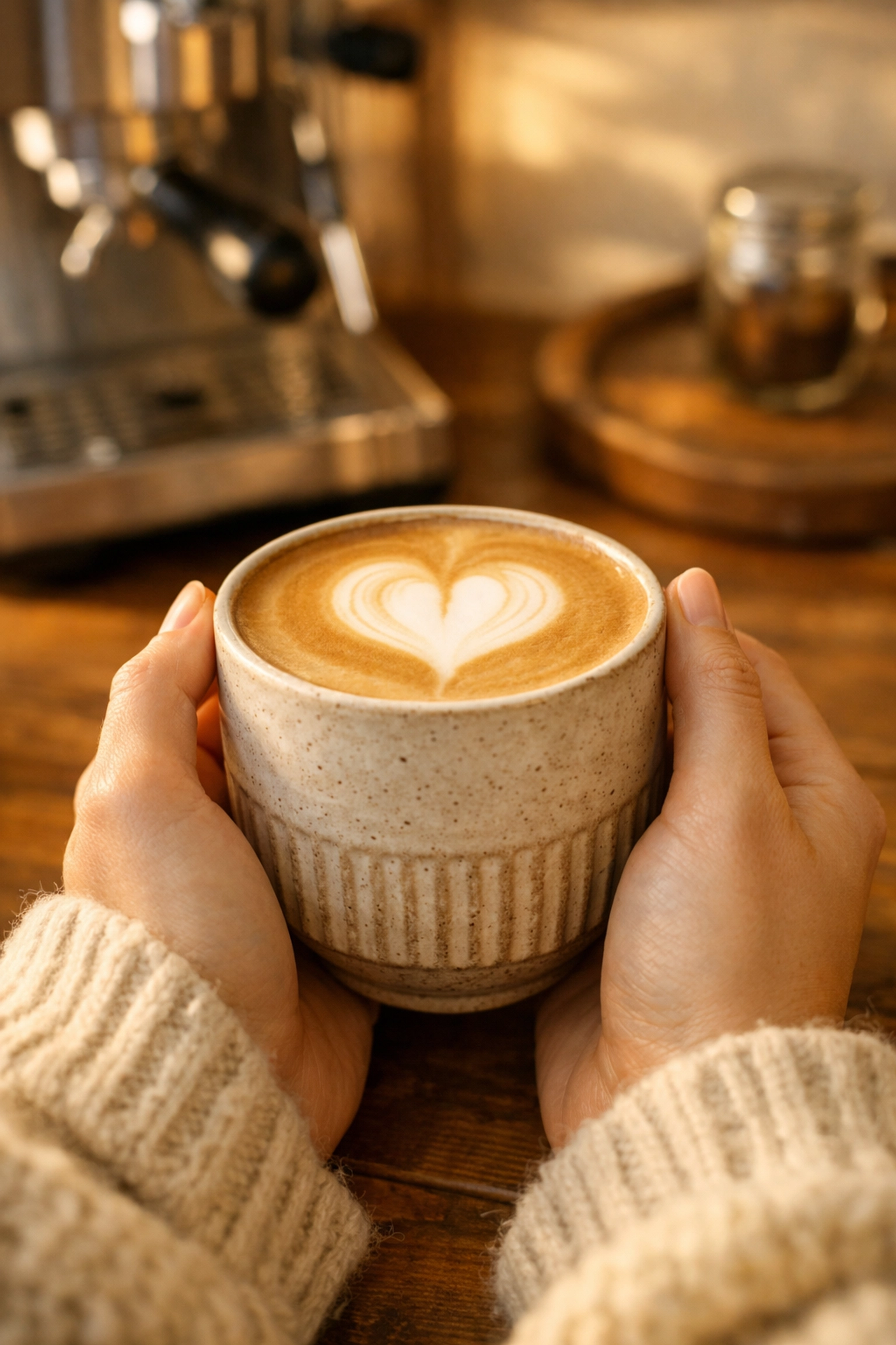 A perfect home-brewed latte with heart latte art in a ceramic cup held by a home barista.