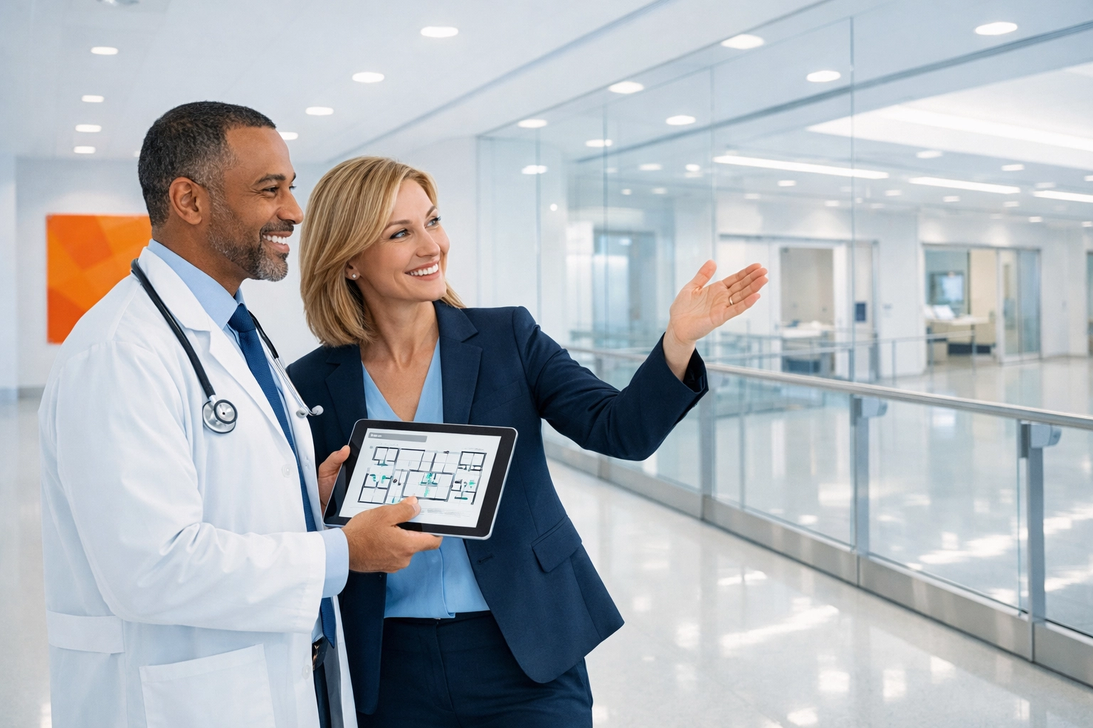 Hospital administrator and physician discussing facility expansion and workforce flexibility in a modern clinic.