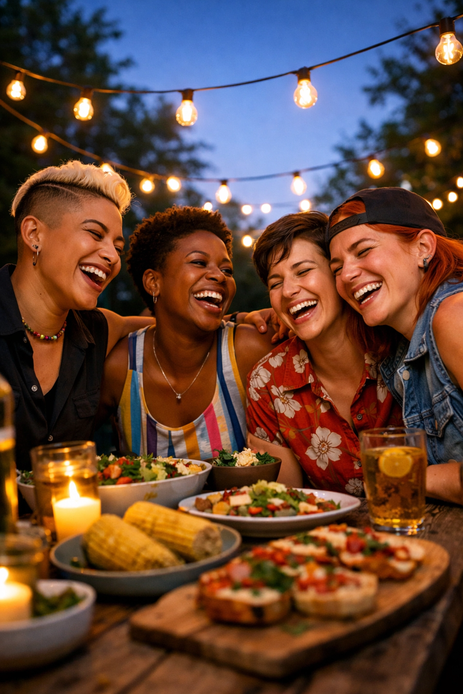 A group of diverse LGBTQ+ friends sharing a meal outdoors, celebrating the joy of found family and community.