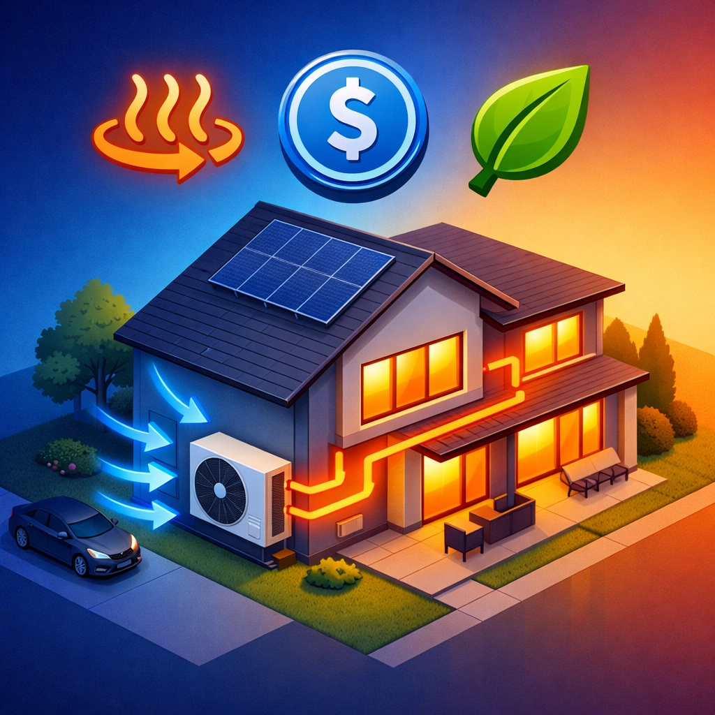 Modern home with heat pump installation in Surrey showing energy efficiency, cost savings, and sustainability.