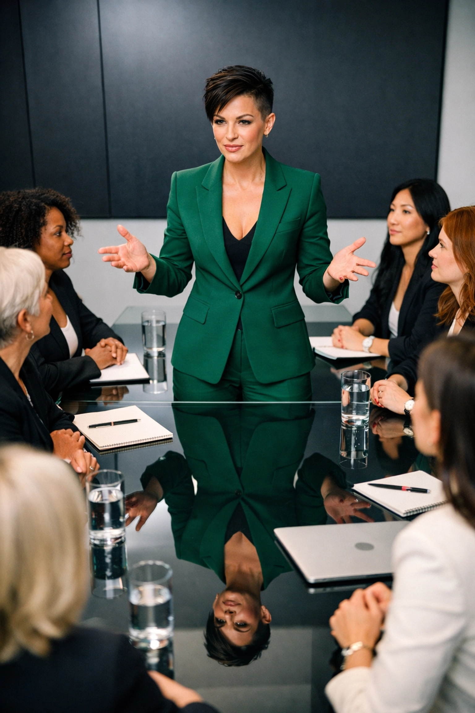 Confident queer woman leading a business presentation, embodying main character energy in professional growth.