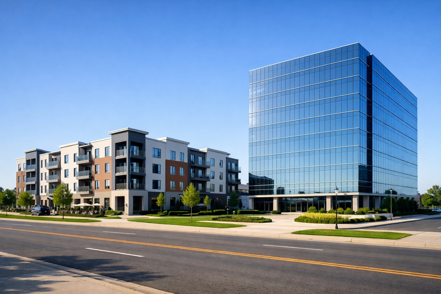 Sleek urban apartment and office buildings showcasing professional property management services in the Midwest.