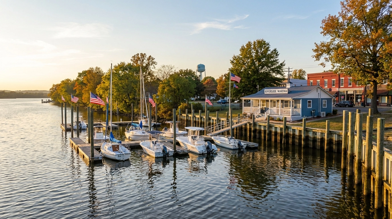 Golden hour at Riverside Marina in Riverside NJ showing the Delaware River and small-town riverside charm.