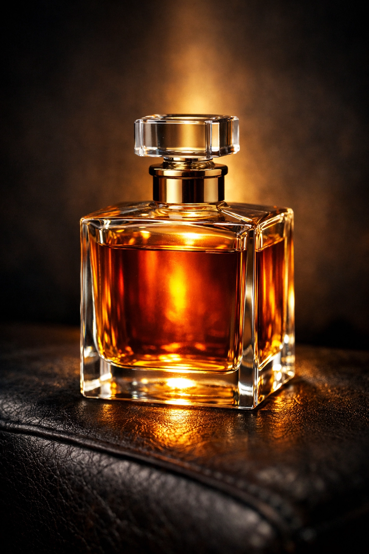 Premium glass bottle of Parfum Extrait beard oil on a dark leather surface with warm golden lighting.