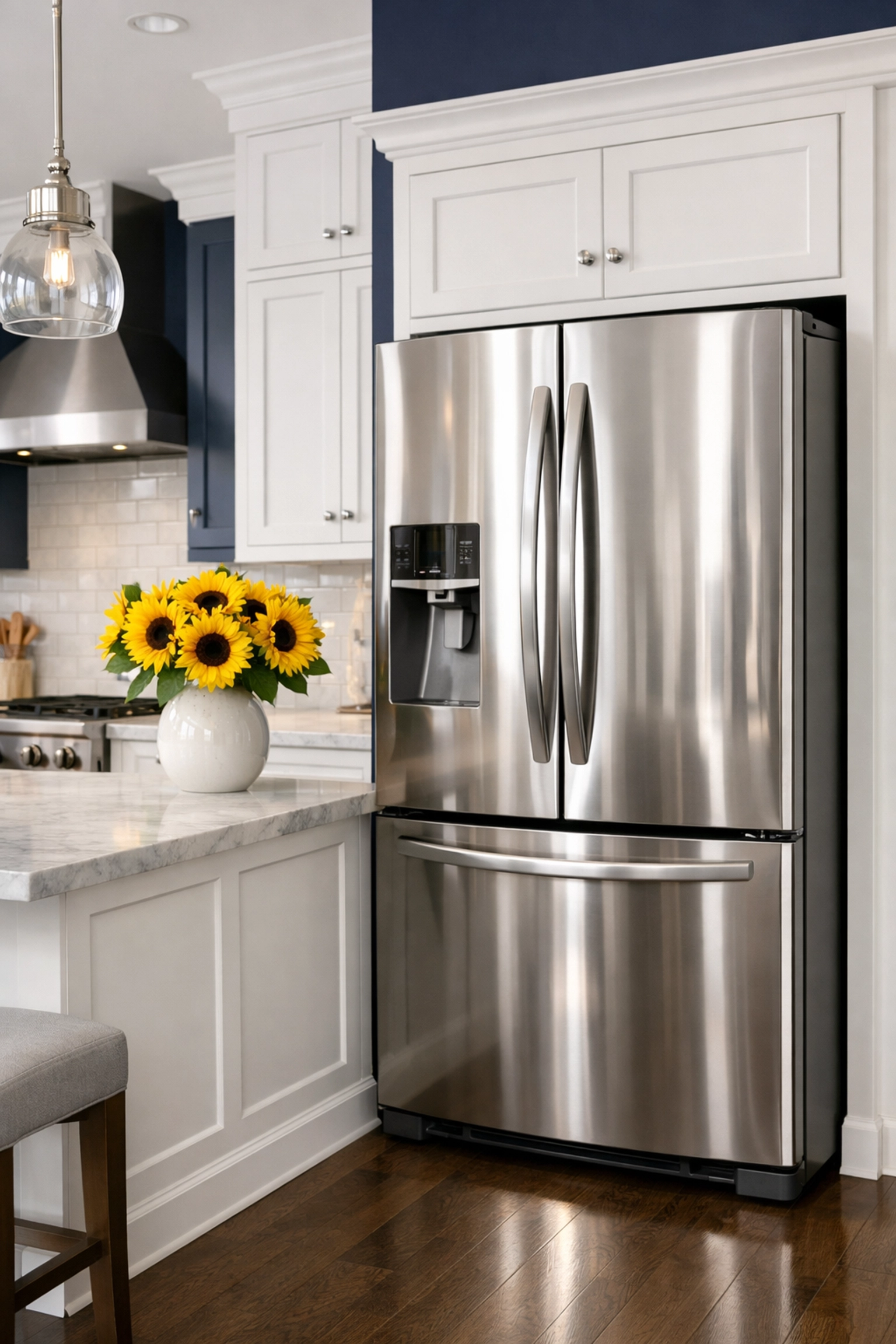 A shiny stainless steel refrigerator in a modern kitchen with blue and white decor.