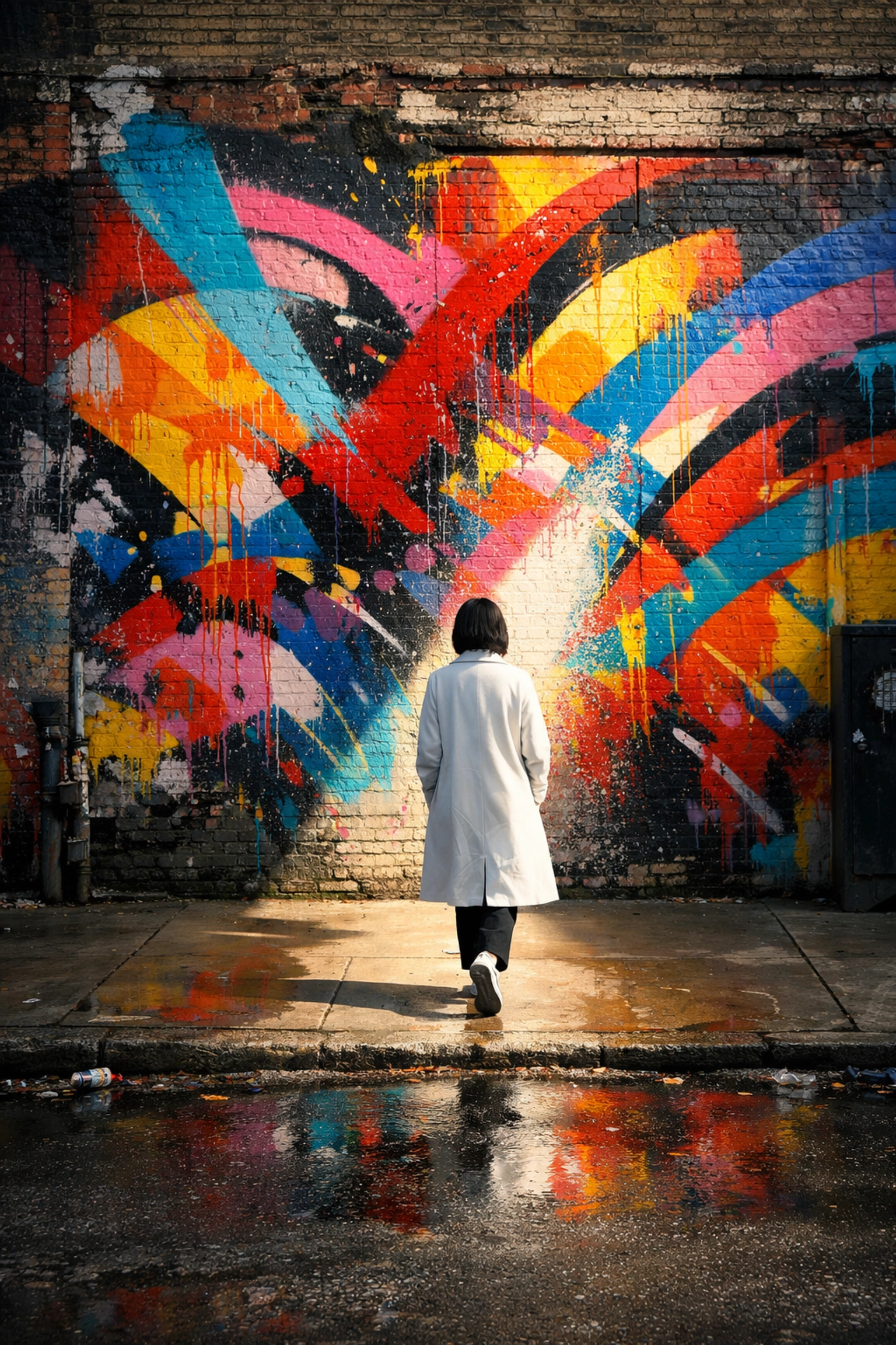 Person in a white coat walking past a vibrant urban mural, perfect for street photography ideas.