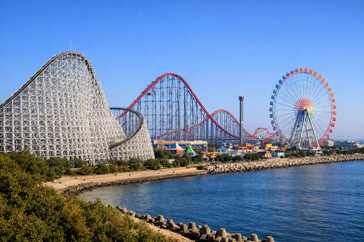 The Ultimate Nagashima Spa Land Photography Guide 2026: Everything You Need to Succeed 1 Nagashima Spa Land skyline featuring Hakugei and Steel Dragon 2000 coasters in the morning light.