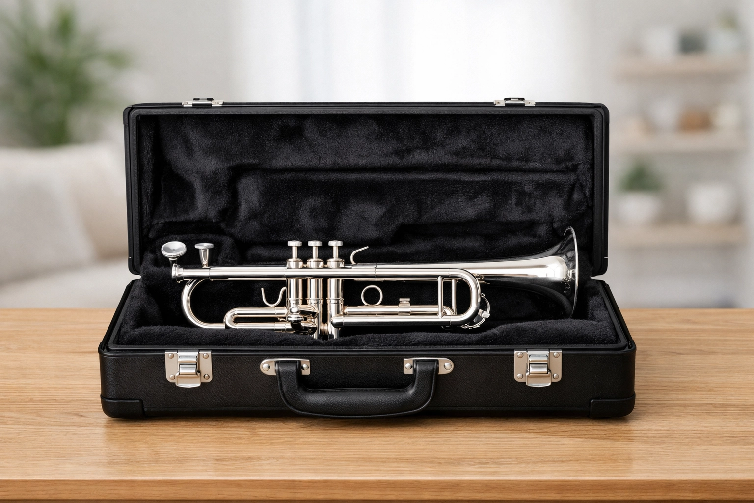 Silver trumpet in a velvet-lined case, illustrating the need for comprehensive music insurance in the UK.