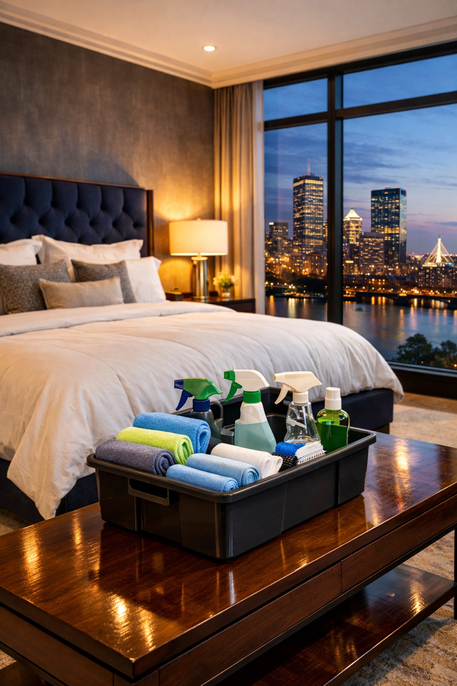 Professional cleaning tools in a luxury bedroom with a Boston skyline view after an apartment turnover.
