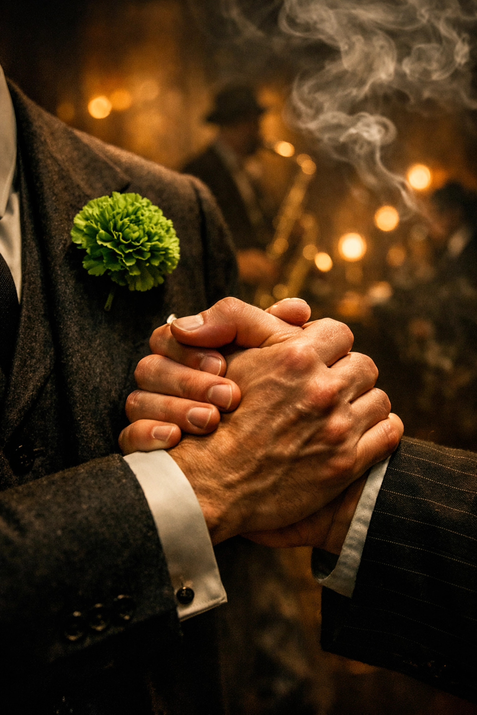 A close-up of a secret handshake and a green carnation lapel pin, a Jazz Age queer code for gay men.