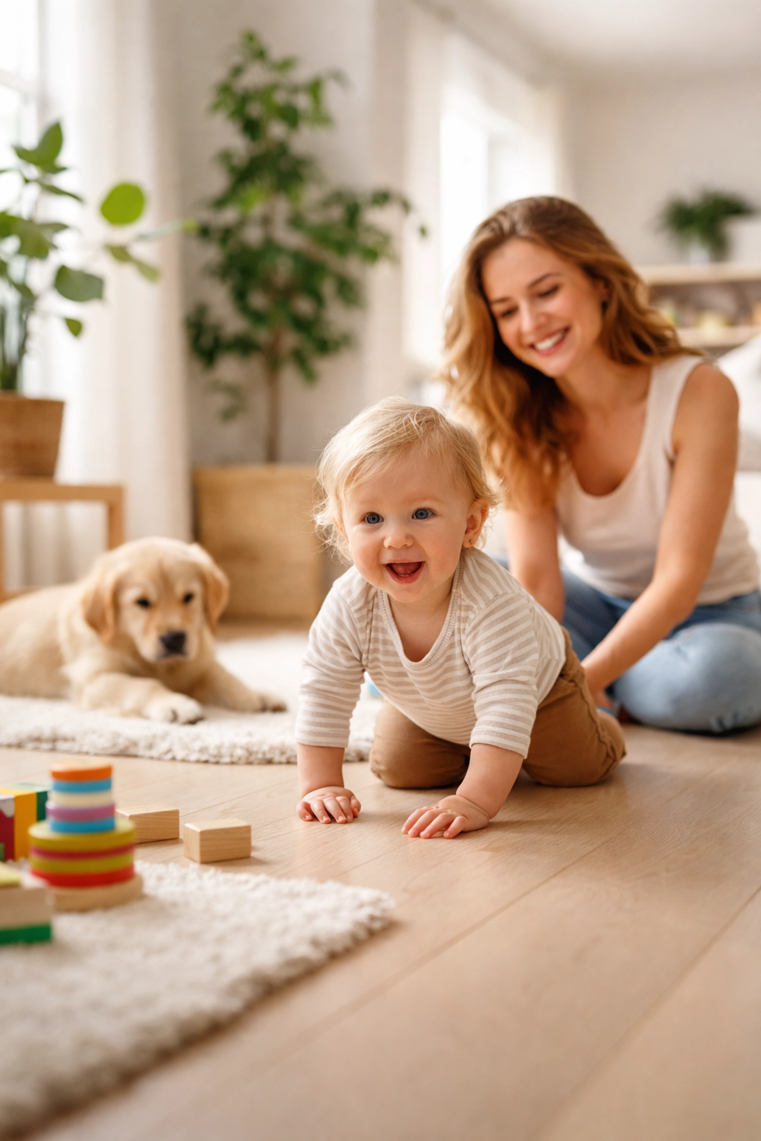 Mother and toddler playing safely on floor cleaned with non-toxic HOCl cleaner, dog nearby
