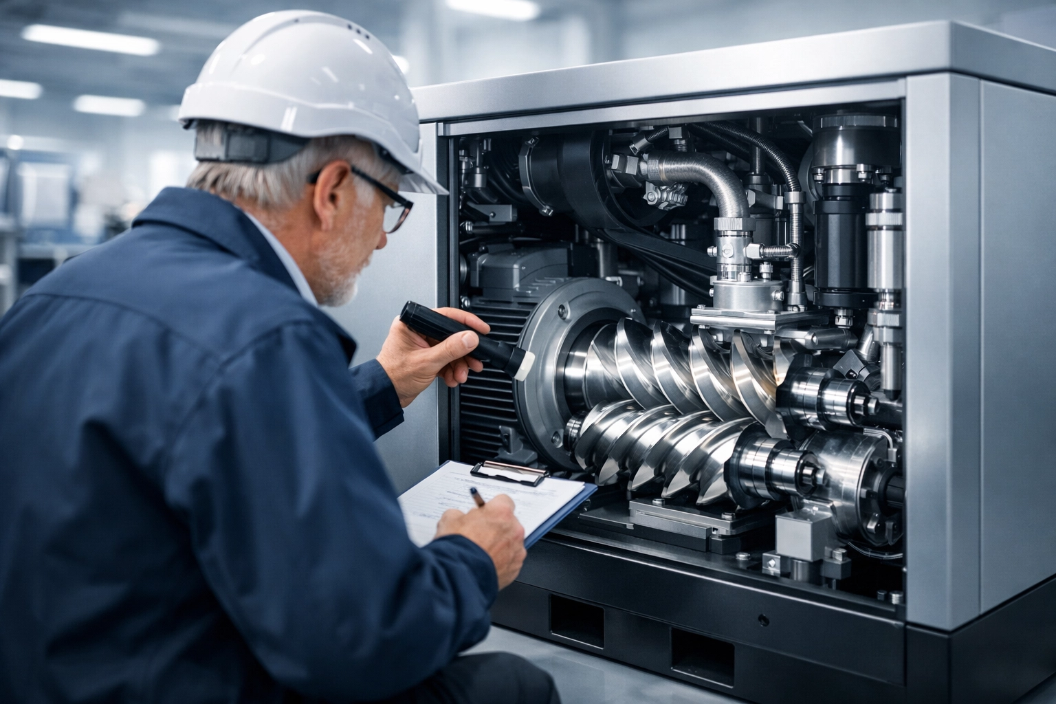 Industrial engineer inspecting a high-efficiency PMV screw compressor for ISO quality standards.