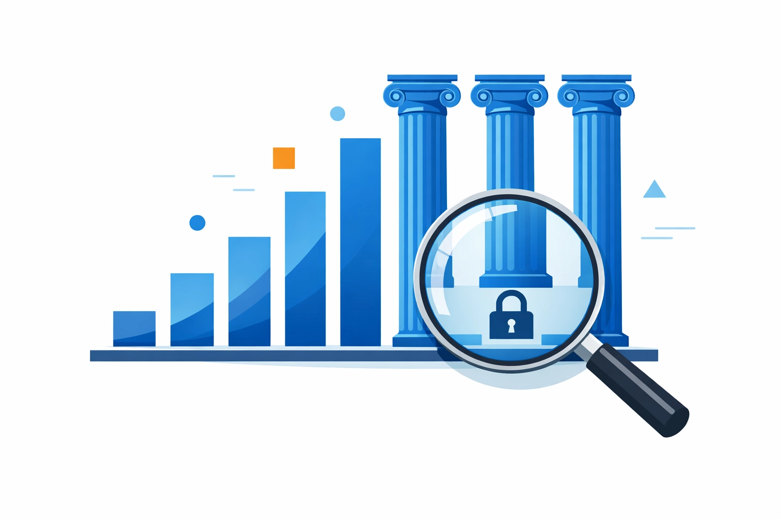 Magnifying glass over a secure data graph and padlock illustrating the link between SEO and cybersecurity.