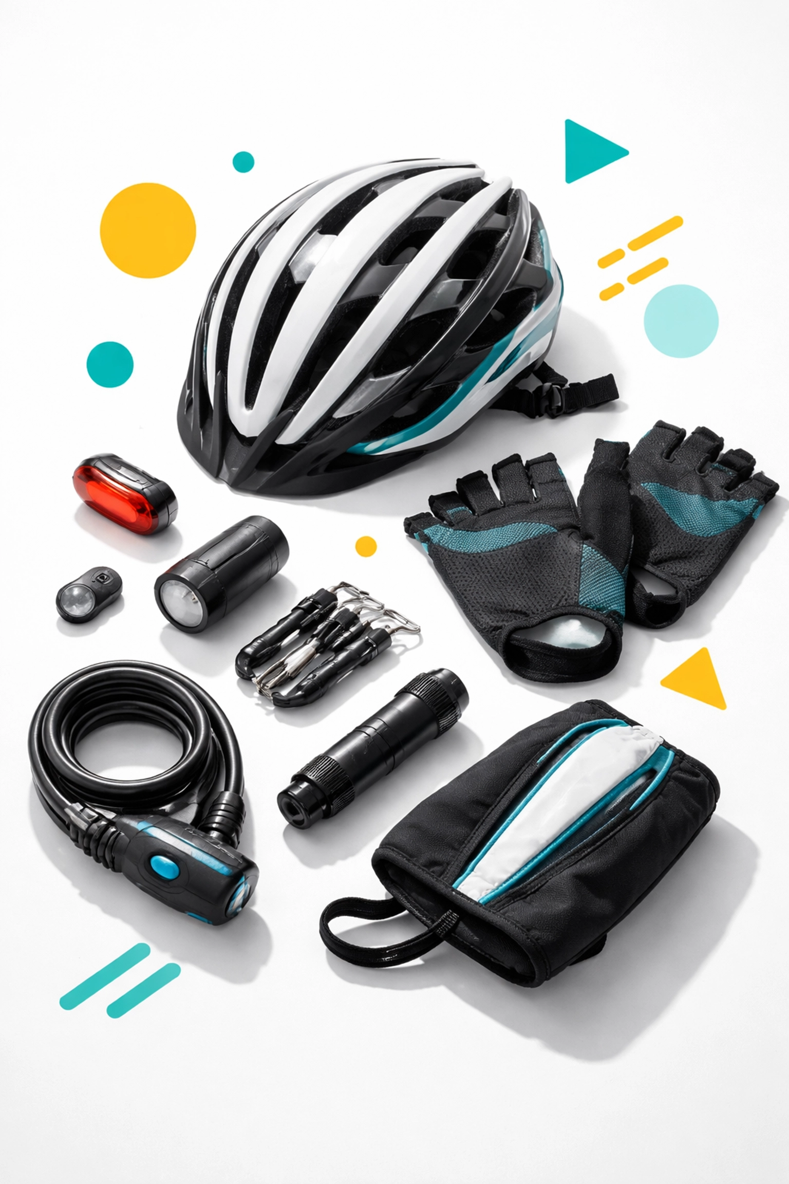 Selection of cycling gear and accessories including helmet, gloves, lights, and lock on white background for best clearance deals