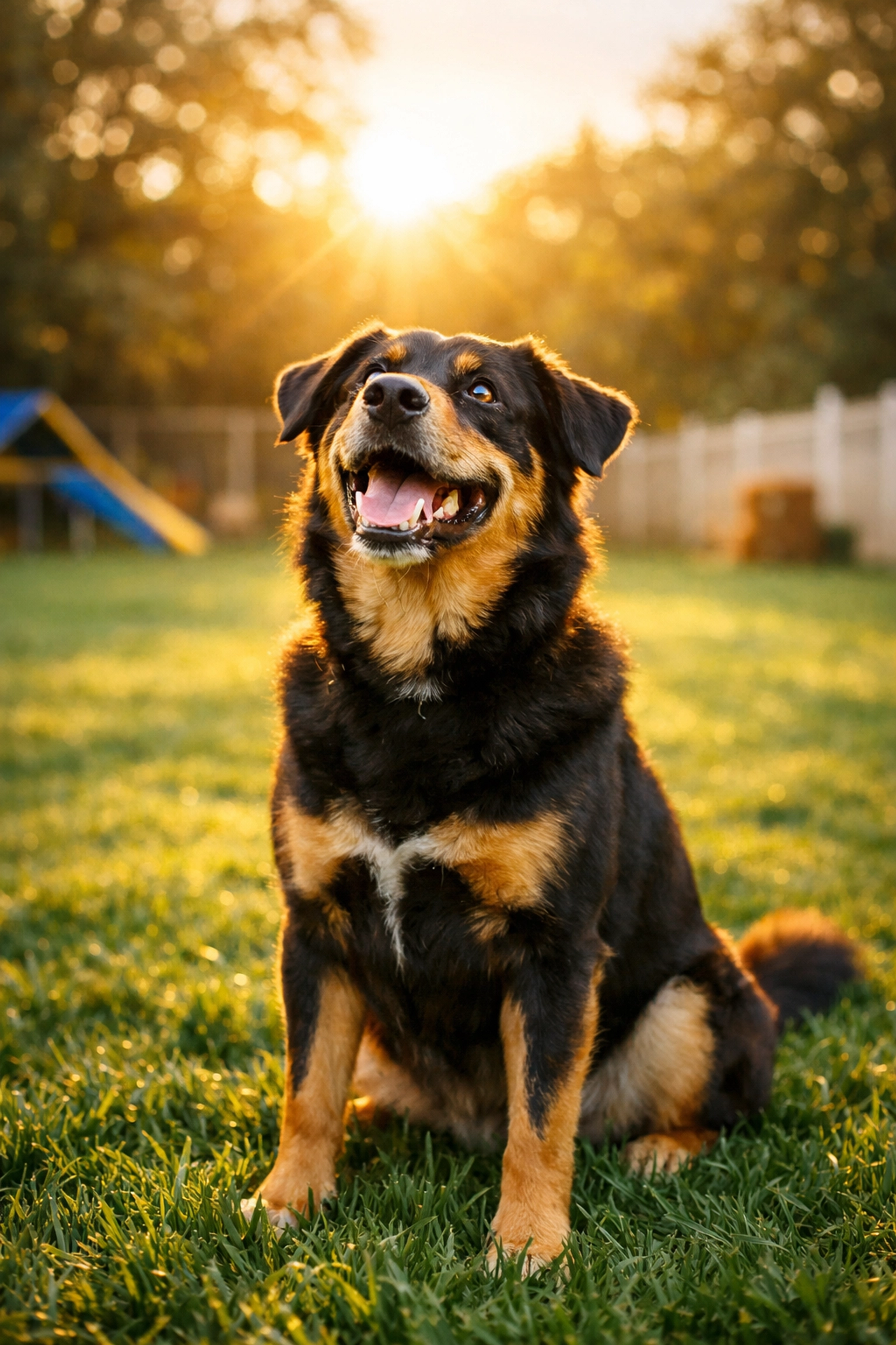 Happy black and tan dog sitting in a grassy field, reflecting canine devotion at Green Acres K-9 Resort.
