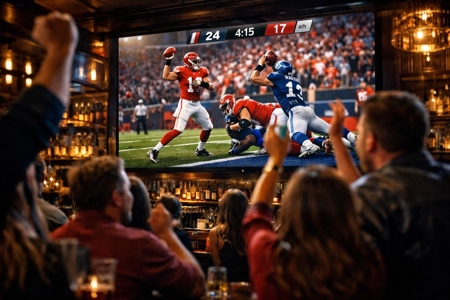 Fans watching a sports broadcast on a large digital display in a modern sports bar.