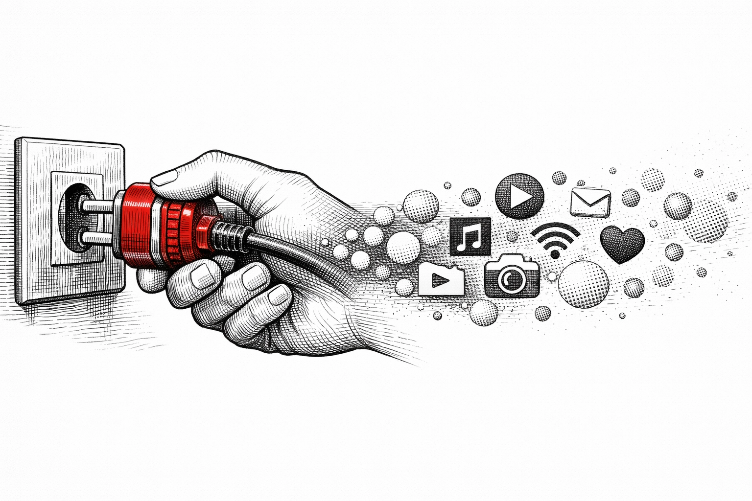 A hand unplugging a cord to stop the flow of addictive social media algorithms.