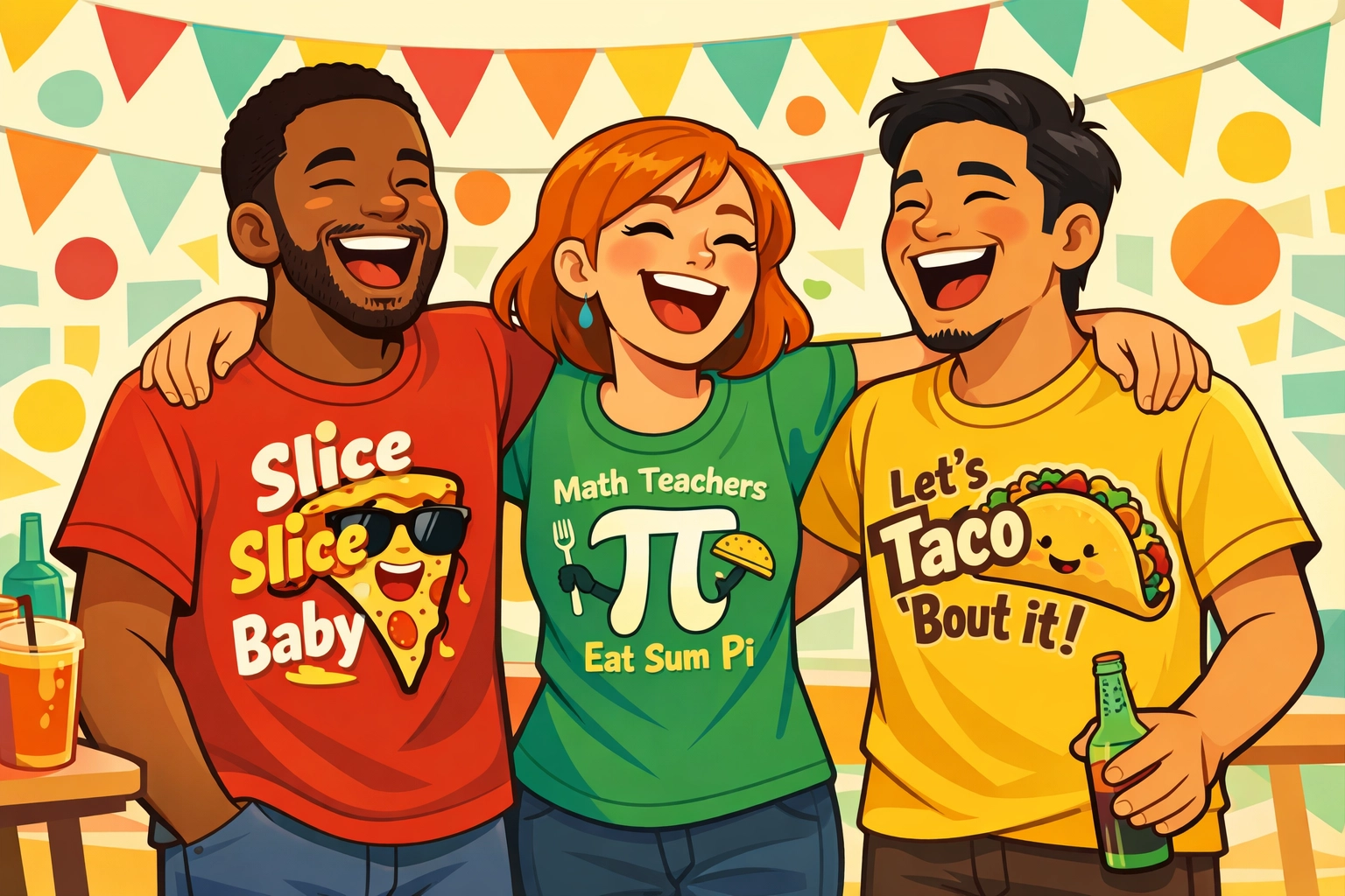 Friends wearing funny food pun t-shirts featuring pizza, math, and taco designs