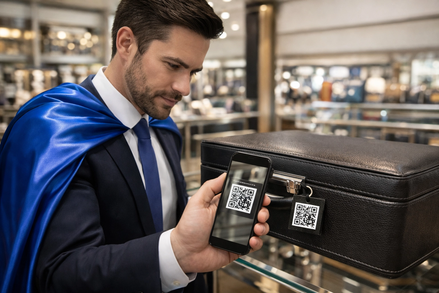 Human authentication expert in a professional blue cape verifying a luxury item with a smartphone QR scan.