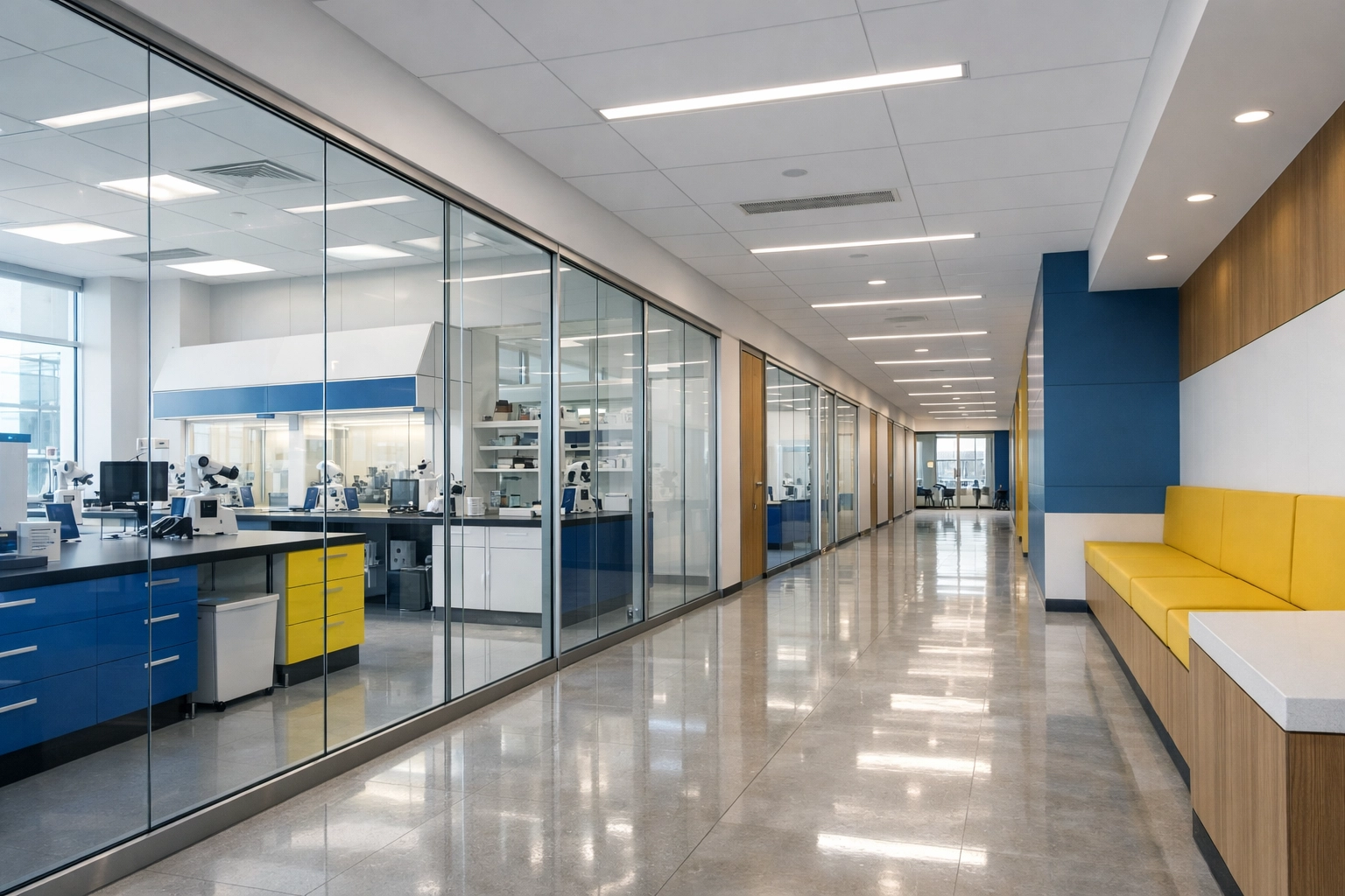 Clean Worcester biotech office with glass lab partitions and polished floors for clinical-grade sanitation.