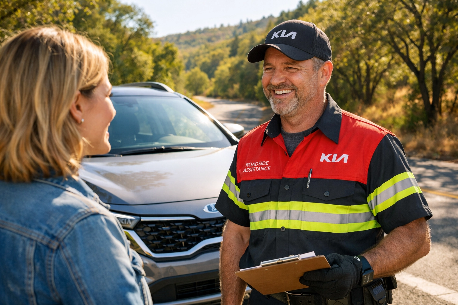 Professional Kia roadside assistance technician helping a driver in Roseville, ensuring safety and peace of mind.