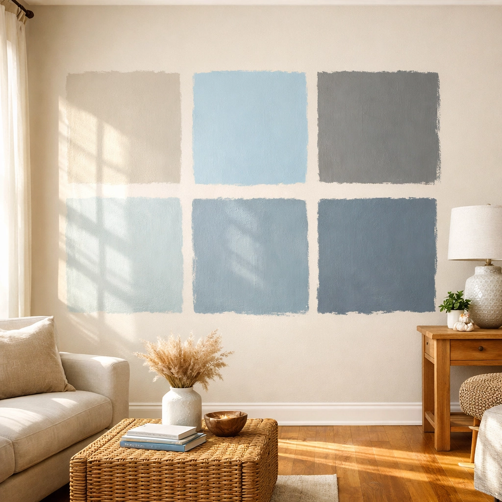 Paint color swatches tested in natural Florida sunlight on interior living room wall