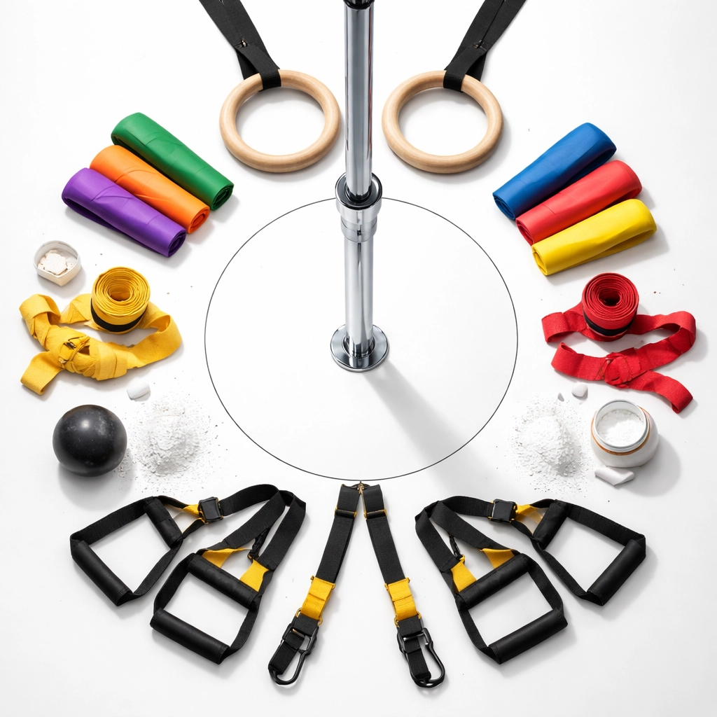 Top view of fitness accessories arranged around a floor-to-ceiling training system, highlighting gym versatility