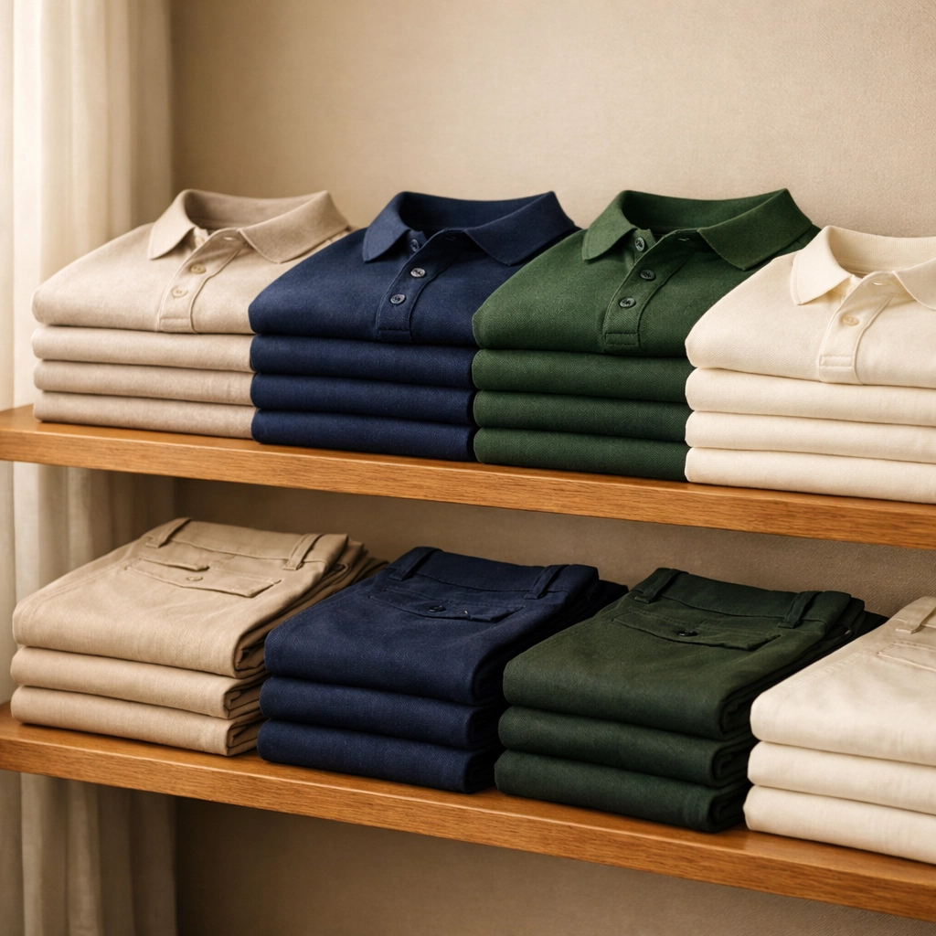 Organized men's weekend wardrobe featuring premium polo shirts and tailored chinos in neutral tones