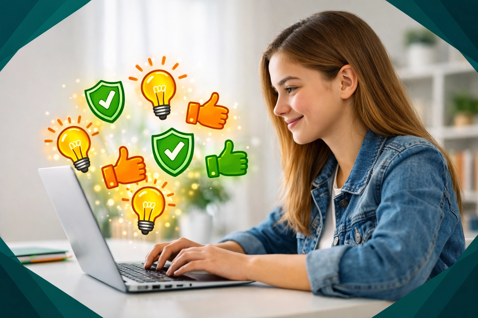 Teenage girl practicing digital safety and stewardship while using a laptop for online learning.