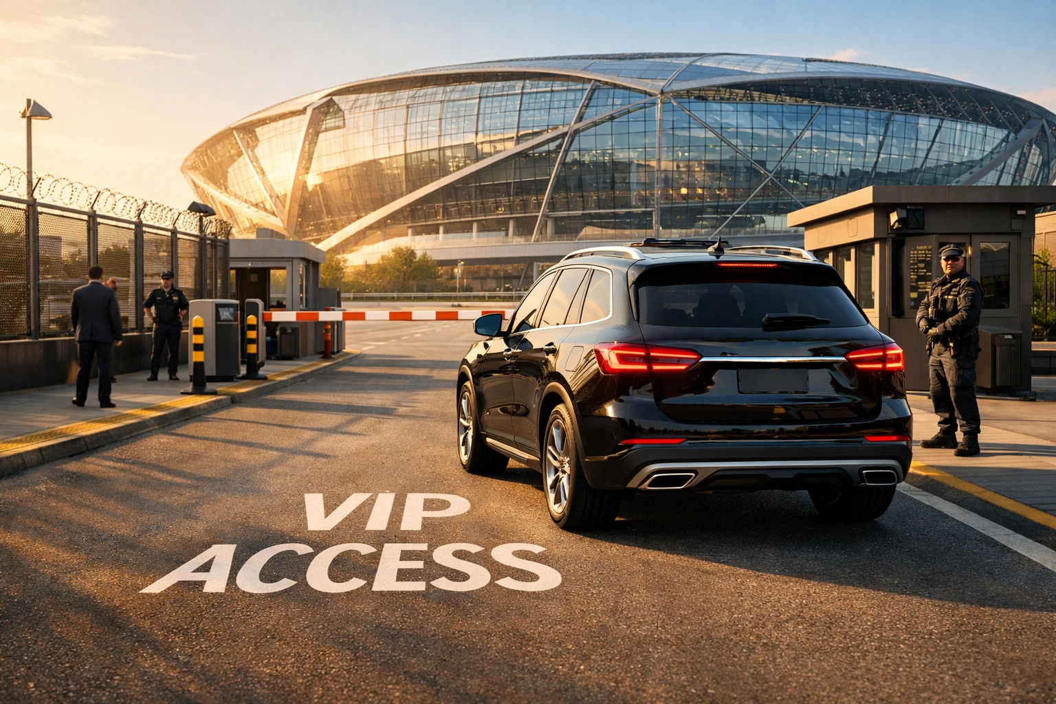 Luxury SUV arriving at a high-security Super Bowl stadium entrance with pre-cleared vehicle access.