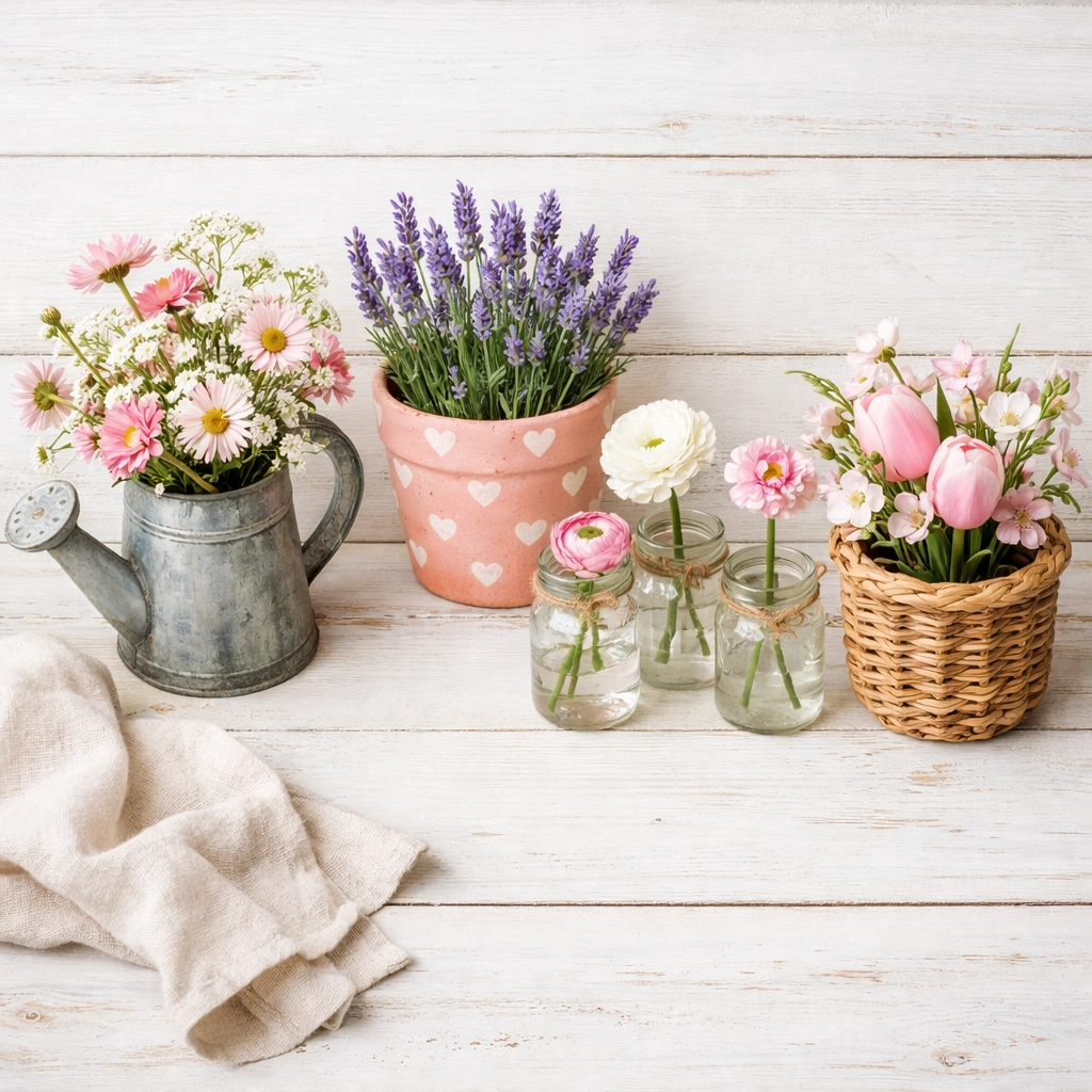 Repurposed flower containers including vintage watering can, painted pots, and mason jars with spring blooms