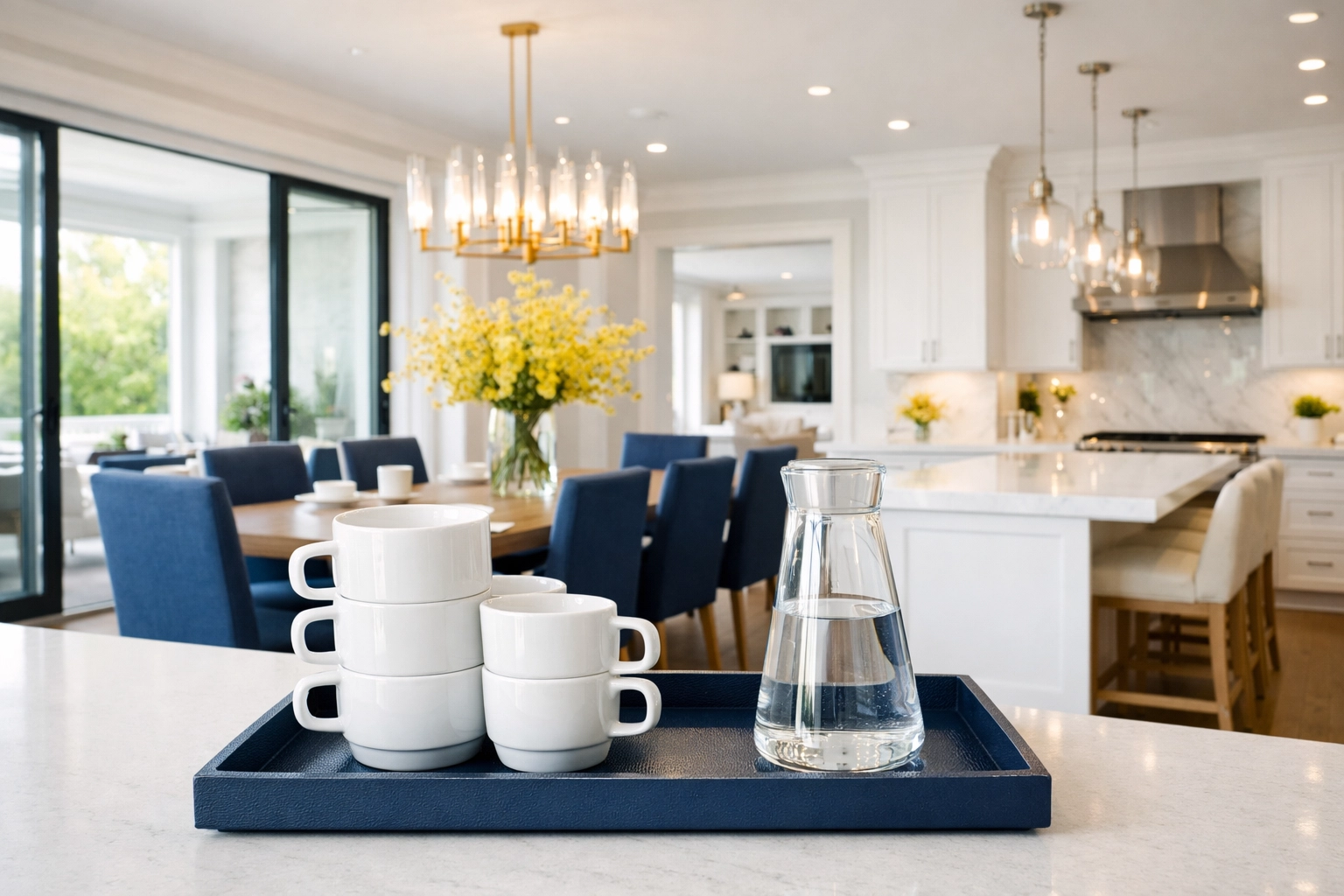 A spotless coffee station with sparkling white mugs in a bright, professionally cleaned kitchen.