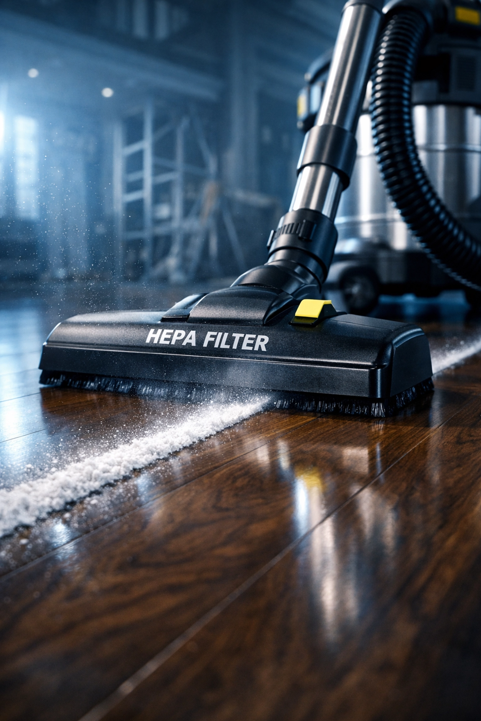 Professional HEPA vacuum removing drywall dust during post-construction cleaning MA on hardwood floors.